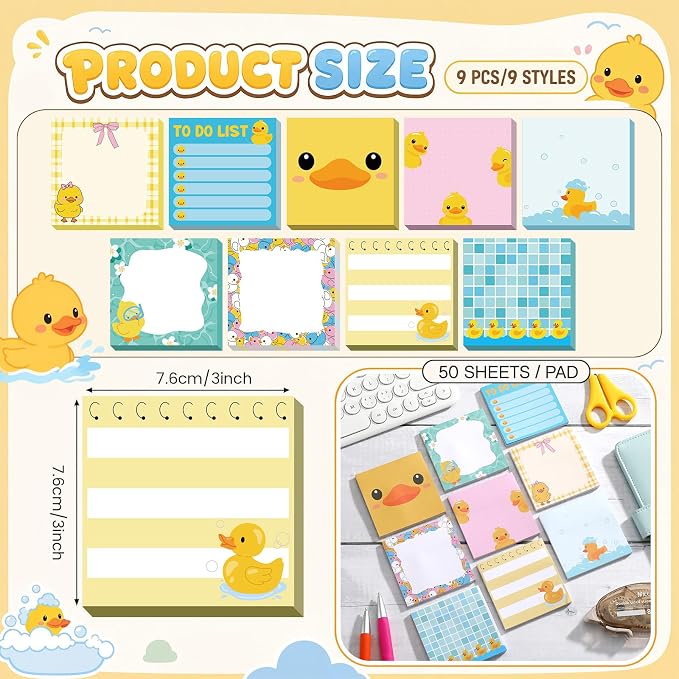 9 Pads Duck Sticky Notes 3x3 Inch Cute Self Stick Notepads Notes Adhesive Memo Pad Office Decor Gifts for Students School Teacher Meeting Office Supplies