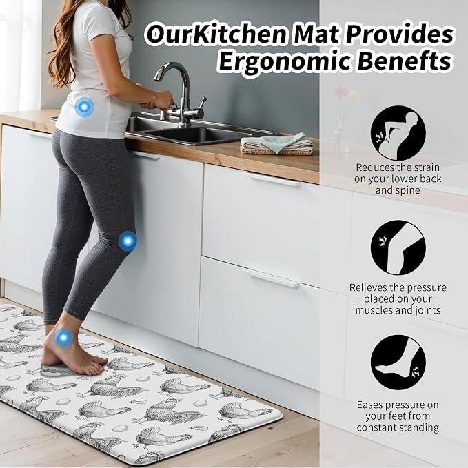 Farmhouse Chicken Kitchen Decor Mat, Cushioned Anti Fatigue Non-Slip | Farmhouse Chicken Pattern,Cushioned Comfort, Non-Slip Backing,Waterproof Surface,Easy Clean, Kitchen Sink,Laundry Room