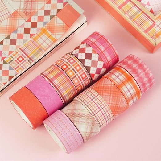 Basic Grid Washi Tape Set 12 Rolls Plaid Decorative Masking Tapes for Arts, DIY Crafts, Journals, Planners, Scrapbook, Wrapping (Pink)