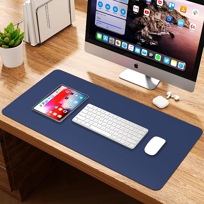 Leather Desk Pad Protector, Waterproof Mouse Pad, PU Desk Mat, Office Desk Cover, Desk Writing Mat for Office/Home/Work/Cubicle (Dark Blue) 31.5x15.7 in