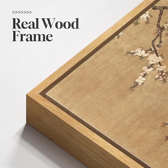 Framed Vintage Asian Wall Art, Neutral Chinoiserie Plum Blossom Branch Floral Bird Canvas Prints Painting, Zen Japandi Oriental Picture for Living Room Bedroom Kitchen Wall Decor, 24x36 Inch