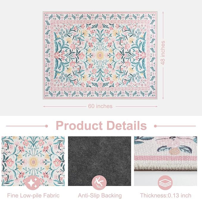 Anidaroel 48"x60" Office Chair Mat for Hardwood Floor/Tile Floor, Anti-Slip Floral Desk Mat for Chair,Boho Desk Rug for Office, Low Pile Office Rugs for Rolling Chairs, Blush Pink Floor Protector Rug