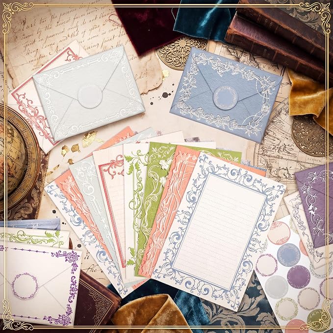 TaoBary 160 Pcs Stationery Paper Set 50 Double Sided Stationery Papers with 50 Matching Envelopes and 60 Round Dot Sticker, 10 design(vintage Lace Frame, 5.5 x 8.25 Inch)