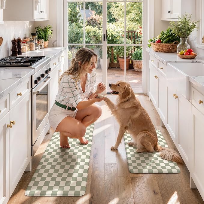 KIMODE Anti Fatigue Kitchen Mats for Floor,Farmhouse Kitchen Rugs Sets of 2 | Cushioned Kitchen Floor Mats, Light Green Standing Desk Mat, Checkered Laundry Room Rugs for Bath Sink Home Summer Decor RV