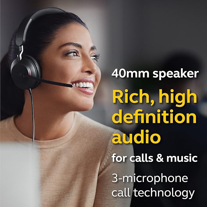 Jabra Evolve2 40 MS Wired Headphones, USB-A, Mono, Black – Telework Headset for Calls and Music, Enhanced All-Day Comfort, Passive Noise Cancelling Headphones, MS-Optimized with USB-A Connection