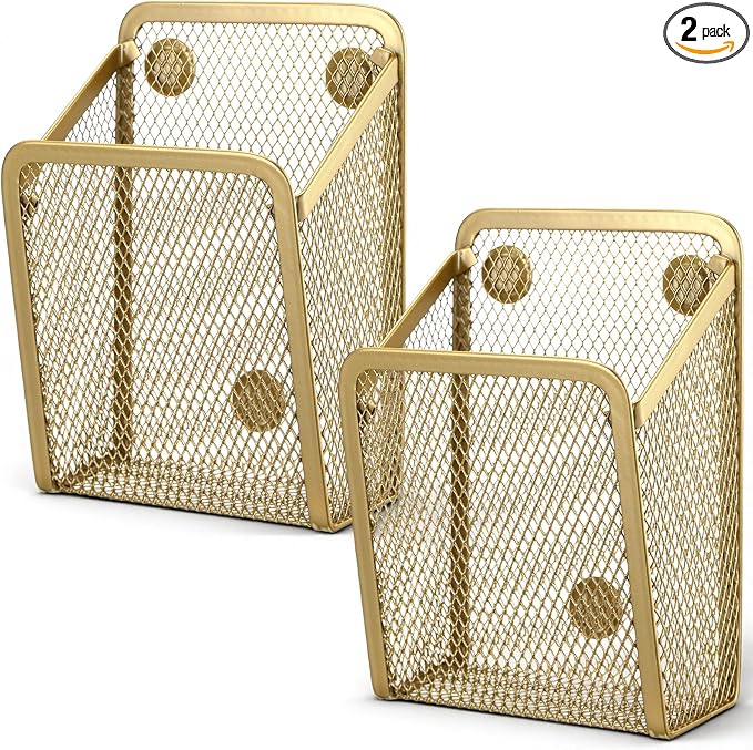 Fuutreo 2 Pcs Large Magnetic Pencil Holder Mesh Stainless Steel Pen Basket Magnetic Pen Cups Storage Organizer for Fridge Whiteboard Blackboard Kitchen Refrigerator Locker Home Office School(Gold)