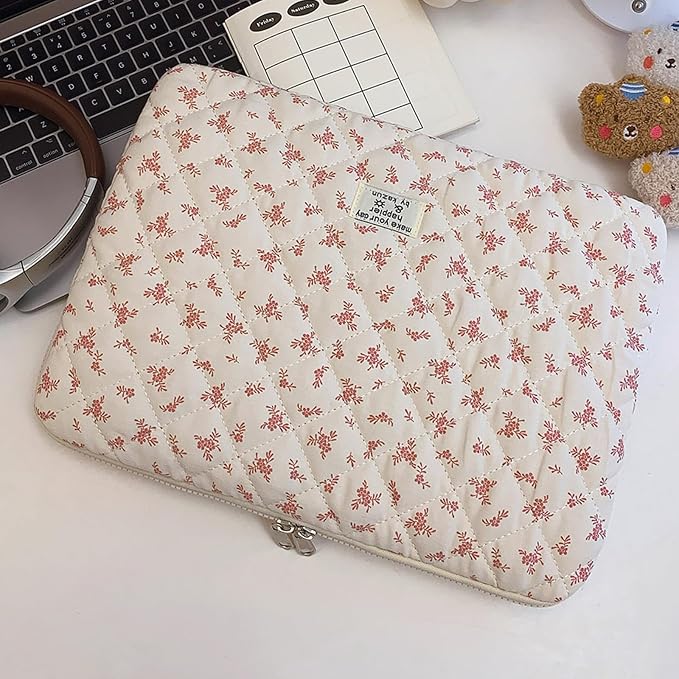 Cute Laptop Sleeve 13-15 inch Laptop Case Aesthetic Quilted Laptop Sleeve Computer Bag with Flower Printing for MacBook (Pink, 13inch)