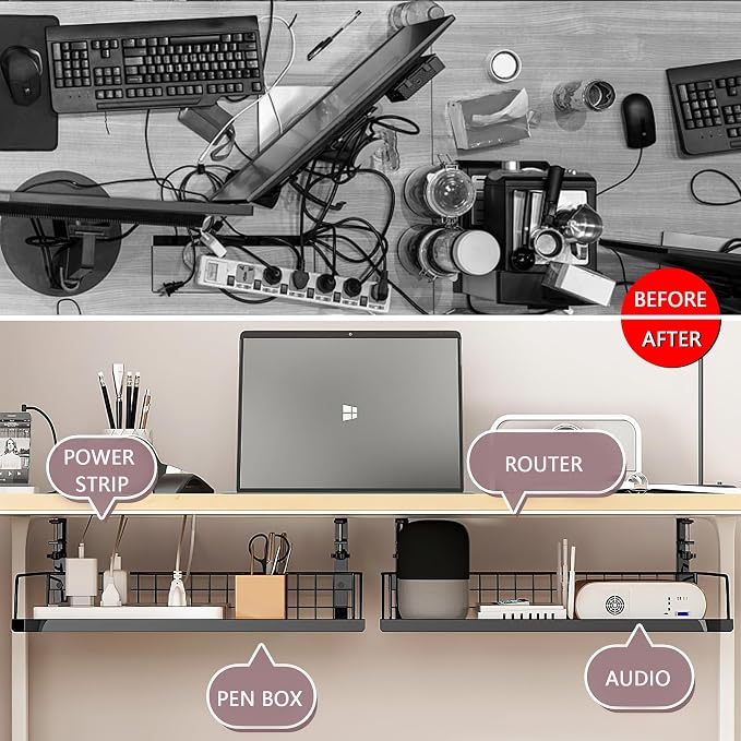 Cable Management Under Desk Storage Computer Cable Management | No Drill Clamp Shelf Under Desk Cable Management Tray Wire Organizer PC Cord Hider Holder