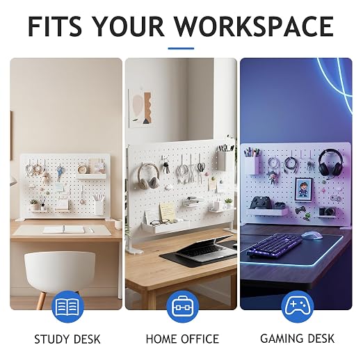 White Metal Pegboard Desk Organizer, 23.62 x 15.75 in with Hooks | Standing or wall-mounted metal panel with hooks, shelves, cup and holders for office, bedroom, craft room and desk storage