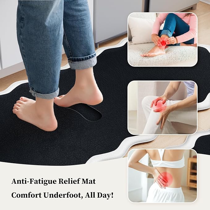 Arenarug Scalloped Black White Kitchen Mats Rugs Sets of 2 Cushioned Anti Fatigue Floor Mat Waterproof Kitchen Rugs Non Slip Foam Comfort Standing Mat for Sink Laundry, 17.3"x30"+17.3"x59"
