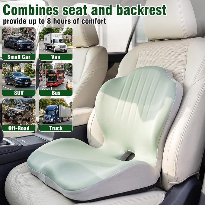 Car Seat Cushion with Lumbar Support Pillow, Memory Foam Office Chair Cushion for Back Pain Sciatica Pain Relief, Ergonomic L-Shaped Seat Cushion for Car Truck Driving Office Chair Home (Green Gray)