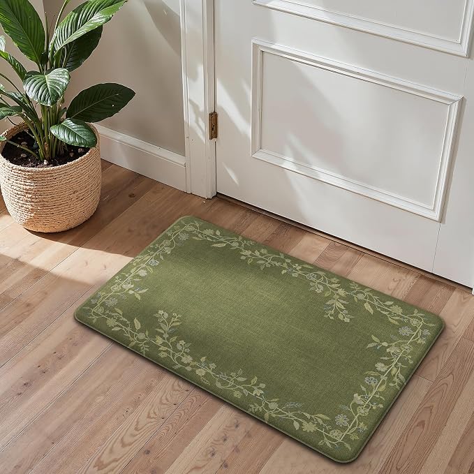 GENIMO Anti Fatigue Kitchen Mats for Floor 2PCS, Cushioned Standing Mats | 17.3"x59"&17.3"x30", Soft Green vintage floral rug set, waterproof, non slip, easy-clean for farmhouse