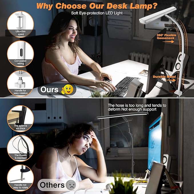 Airlonv LED Desk Lamp for Office Home, Eye-Caring Desk Light with Stepless Dimming Adjustable Flexible Gooseneck, 10W USB Adapter Desk Lamp with Clamp for Reading, Study, Workbench (White)