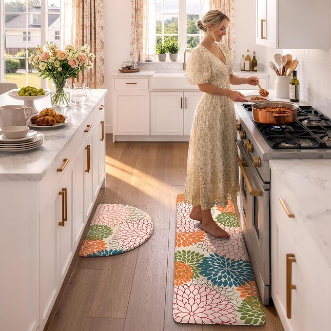 KIMODE Half Circle Anti Fatigue Mats for Kitchen Floor Rug Sets of 2 | 18"x28+18"x47",Orange,Half Round,2PCS,Dahlia Floral Boho,Non Slip,Waterproof,for Sink Office Laundry Bathroom Decor