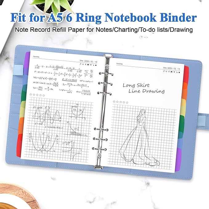 Antner A5 Refill Paper Planner Inserts for A5 6-Ring Binder, 135 Sheets 6-Hole Note Record Refills Blank&Grid Loose Leaf Filler Paper with Binder Dividers for Refillable Notebook, Journal, Sketchbook
