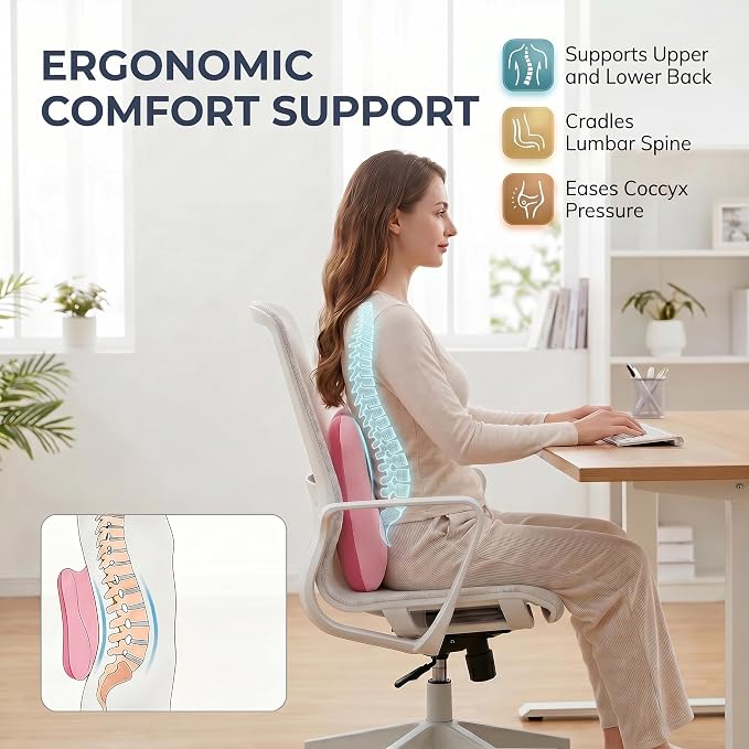 Lumbar Support Pillow, Ergonomic Memory Foam Back Cushion for Car Office Chair Gaming Chair, Washable Cool-Touch Cover for Lower Back Support (Pink)