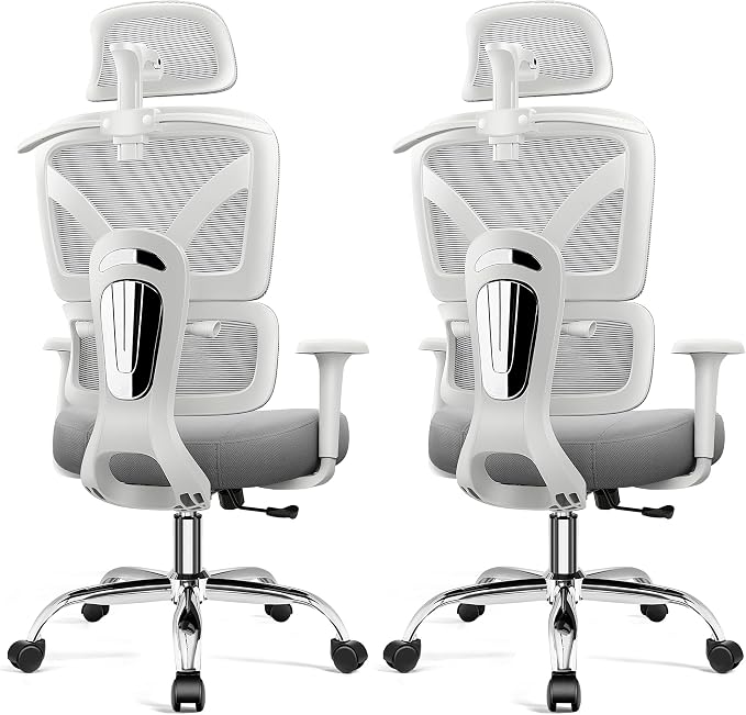 Ergonomic Desk Chair, Breathable Mesh Office Chair for Long Hours, 2 Pack | Adjustable Lumbar Support for Back Pain Relief, 4.33'' Thick Foam Cushion, 3D Headrest, Computer Chair for Home Office, Gray