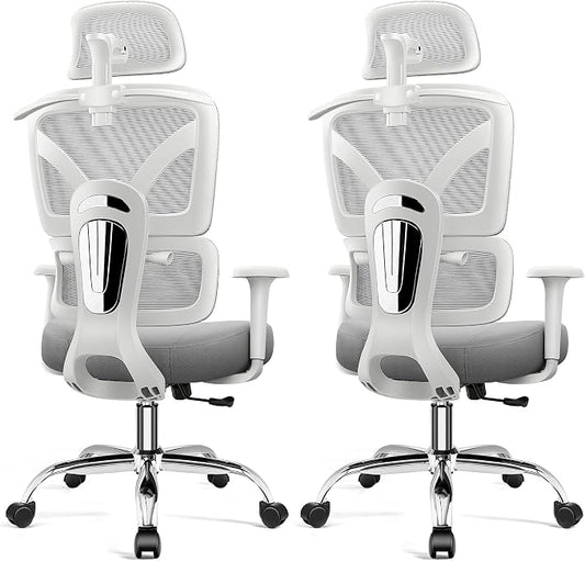 Ergonomic Desk Chair, Breathable Mesh Office Chair for Long Hours, 2 Pack | Adjustable Lumbar Support for Back Pain Relief, 4.33'' Thick Foam Cushion, 3D Headrest, Computer Chair for Home Office, Gray
