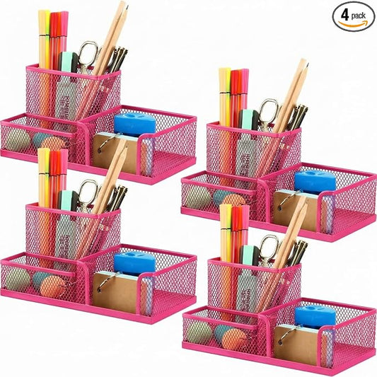 Ferraycle 4 Pcs Mesh Desk Organizer 3 Compartments Mesh Pen Holder Sticky Notes Pencil Holder Metal Caddy Desk Pen Organizer for Desktop Accessories Storage Baskets Home Office School(Pink)