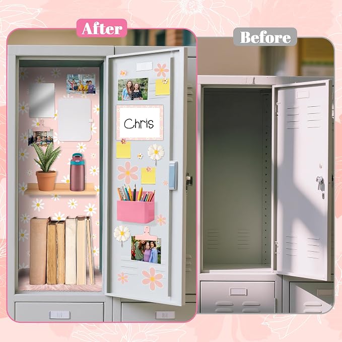 BeYumi Pink Locker Accessories Kit - Back to School Pink Daisy Locker Organizer Decoration Supplies for Kid Magnetic Wallpaper Pen Holder Whiteboard Marker Mirror Magnets Rug Classroom Accessories Kit