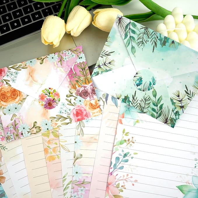 Stationery Paper Envelopes Set 160 Pcs - 50 Lined Writing Paper, 50 Envelopes, 60 Dot Stickers, Vintage/Floral/Leaf/Watercolor Multi-Style Options (STATIONERY-160PCS-FLORAL)