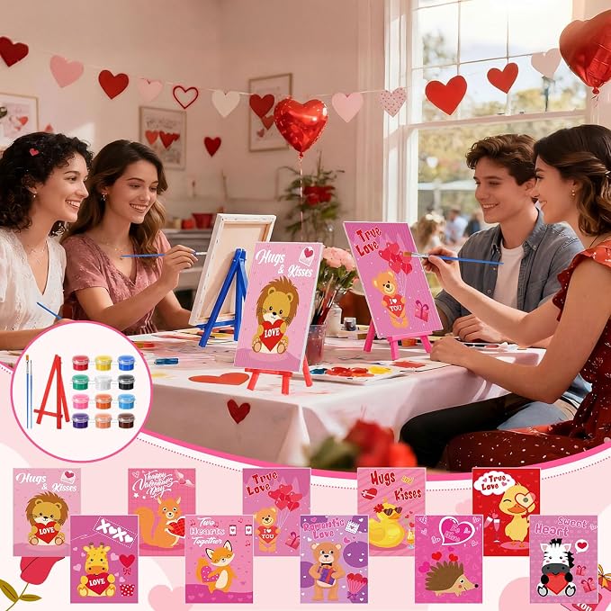 Blosssound 10 Set Valentine's Day Jungle Animals Pre Printed Canvas Pre Drawn Canvas Painting with Easel Kits 5" x 7" Outline Painting Panels for Beginners, DIY Craft Project, Party Favor, Home Decors