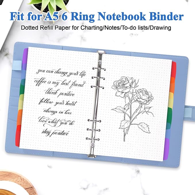 Antner A5 Dotted Refill Paper 6-Hole Planner Inserts for A5 6-Ring Binders, 135 Sheets Dot Grid Planner Refills Loose Leaf Filler Paper with Binder Dividers for Refillable Notebooks, Bullet Journals