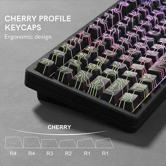 dagaladoo Double Shot PBT keycaps 118 Keys Set Black Topographic Shine Through Custom keycaps Cherry Profile Custom Keyboard Key caps for 60/65/75/TKL/96/100% US Layout Mechanical Keyboard