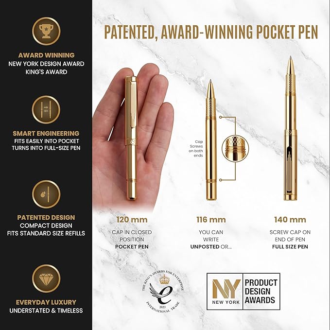 Scriveiner Heavy Gold Rollerball Pen, Award Winning Luxury Pocket Pen with gold plating Finish, German Schmidt Refill, Best EDC Writing Gift Set for Men & Women, Nice Fancy