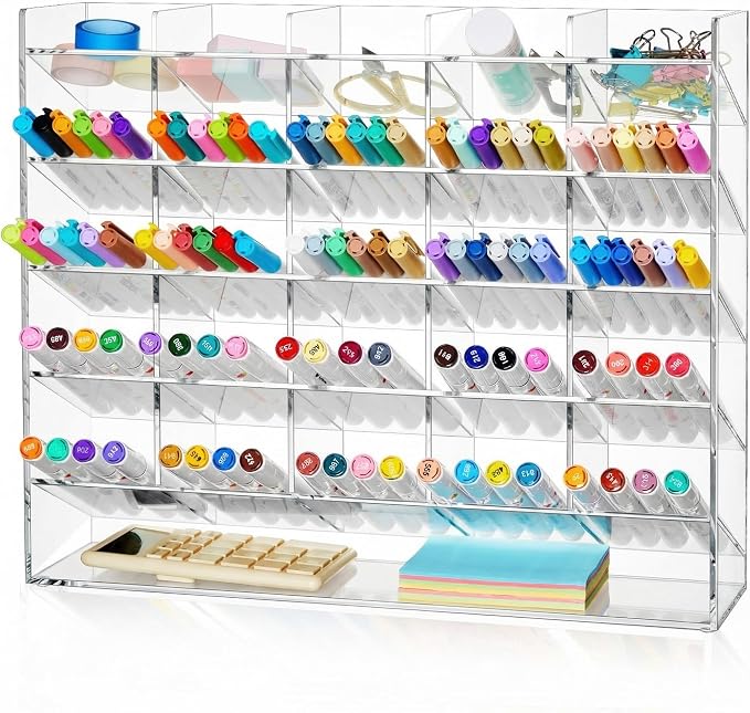 MotiMind Acrylic Pen Organizer Storage for 300 Markers Vertical Marker Organizer Acrylic Pen Display Holder for Office Desk Desktop Stationery Pencil Storage, Clear, 15 x 4 x 12.4 Inch