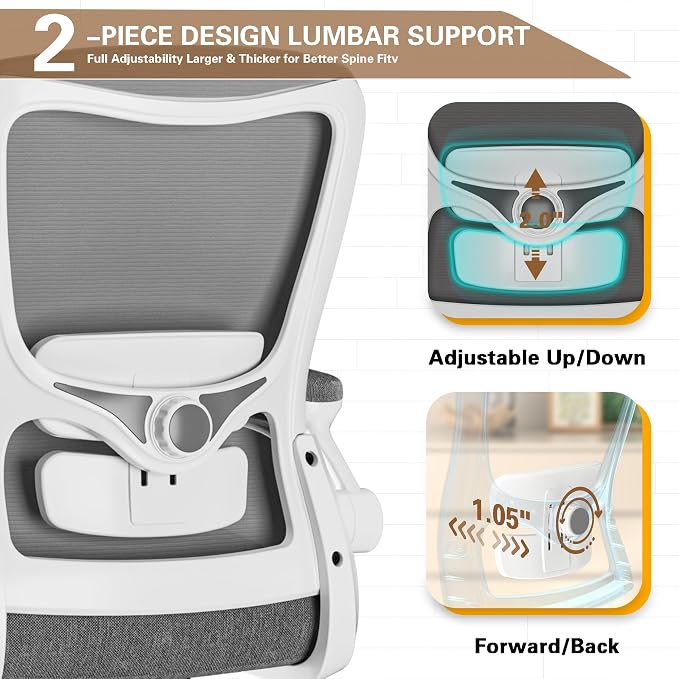 Ergonomic Office Chair for Long Hours, Adjustable Padded Lumbar Support for Lower Back Relief, 330 lb Capacity, Comfortable Computer Desk Chair for Home Office, Work & Study