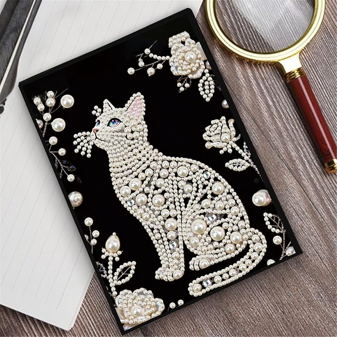 FRANDEK Pearl Painting Notebook Kit, Black and White Cat A5 DIY Journal with 50 Blank Pages, Diamond Gem Art Cover with Waterproof Canvas, Beginner Craft Set with Full Tools for Adults