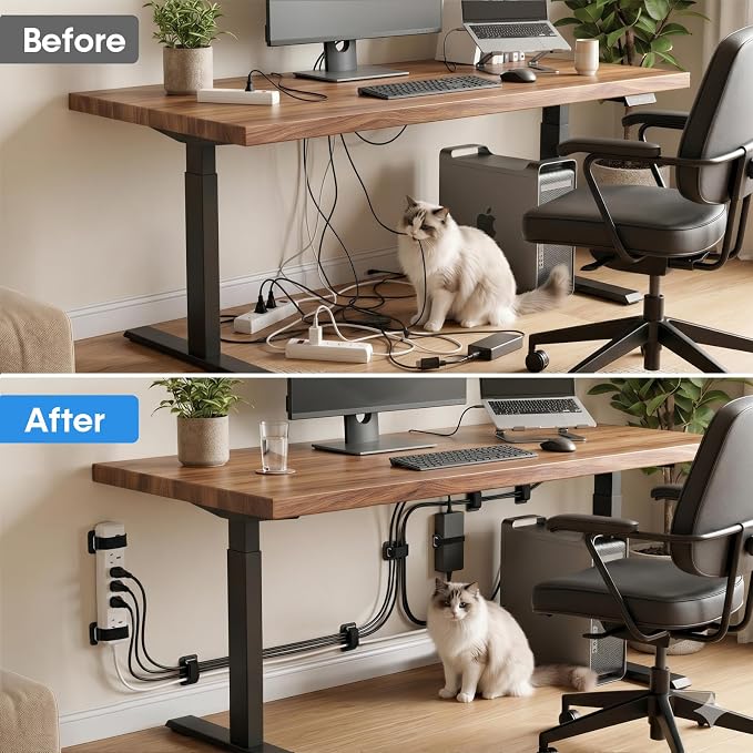 Cable Management Under Desk, Large Bundle Cord+Power Strip Organizer-8 Pair | All Power Strip Compatible, Enhanced Grip Cord Organizer, Reusable Wire Clips Hider, Home Office Essentials
