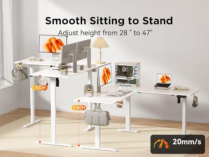 WALKINGDESK 63x55 Inches Reversible L Shaped Standing Desk, Height Adjustable With Cup Holder, Electric Corner Computer Workstation, Sit Stand up Home Office, Standing Desk with Cable Management White