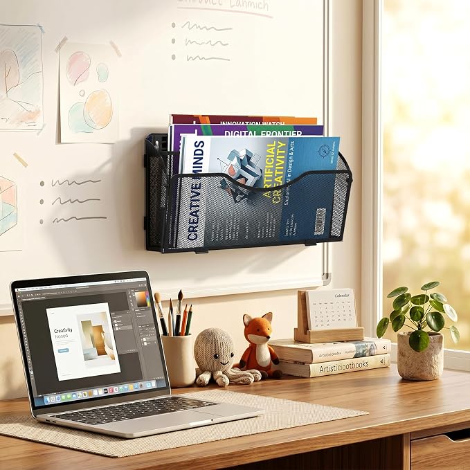 Magnetic File Holder 2 Tier Magnetic File Folder Organizer Folding, Office Hanging Magazine Rack for File Cabinets, Magnetic Paper Holder, No Drilling Mail Organizer for Refrigerator, Office