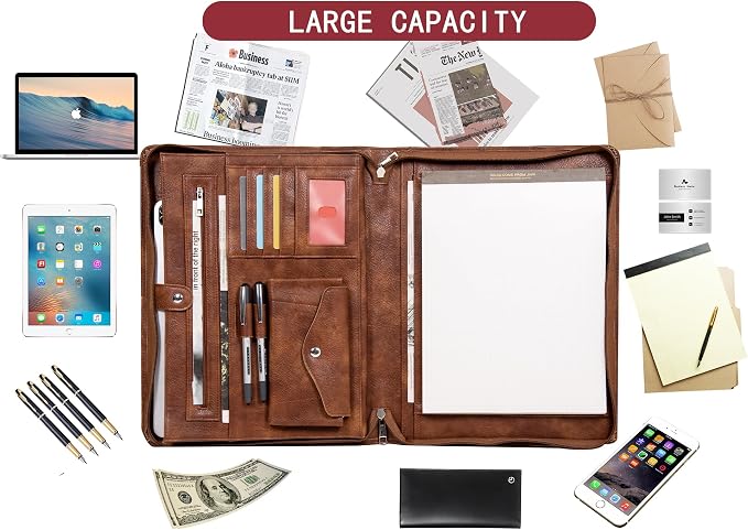 AZXCG Portfolio Binder, Portfolio with Handle and Zipper,Leather Podfolio for Men,Business Padfolio Organizer for Women, A4 Notepad Holder,Gift for Father's Day,Men and Women