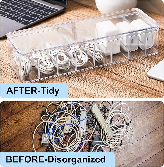 Tatuo 6 Pcs Cord Organizer for Drawer Desktop, Cable Organizer Box with 8 Compartments and Wire Ties, Plastic Charger Storage with Lid, Electronics Case for Home Office Accessories (Small,Clear)