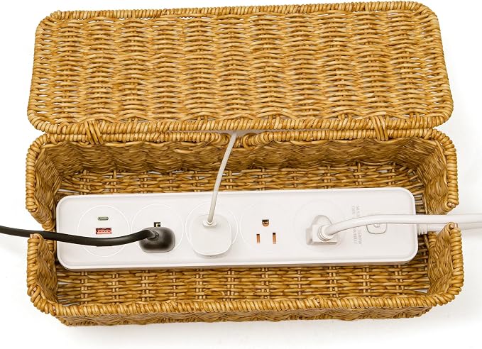 ZhiYo Rattan Cable Management Box, Cord Organizer, Nature, 12.5"x5"x5.2"
