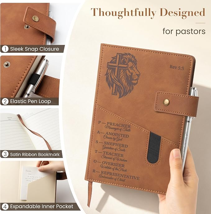 Pastor Appreciation Gift-A5 Leather Christian Church Notebook Bible Journal | Premium PU Leather, Handy Front Phone Pocket, Custom Engraved Pen, Ink-Proof 100GSM Paper, 180° Lay-Flat