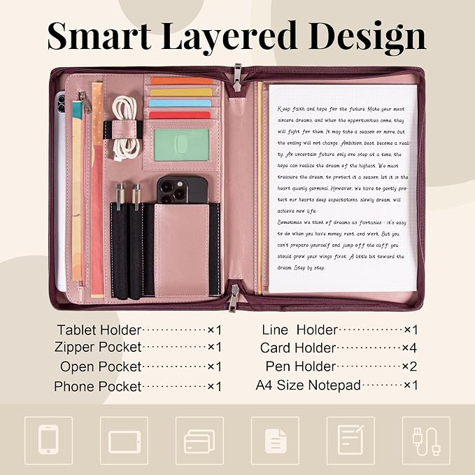 Calfinder Leather Portfolio for Women,Business Portfolio Organizer with Zipper,Pink Portfolio Binder, Interview Resume Folder with Card Holder, A4 Letter Document Organizer,Gift for Women