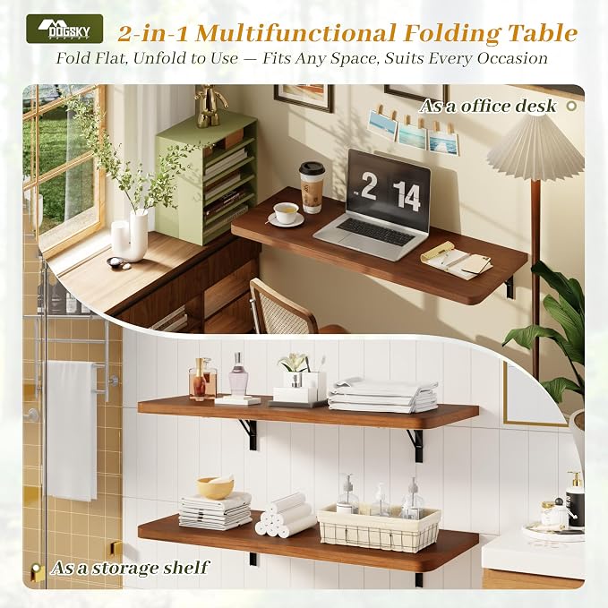 Dogsky Floating Wall Desk, 36" x 14" Wall Mounted Folding Table, Pine Wood Fold Down Wall Table, 200 lb Capacity Wall Mount Desk for Small Apartment, Laundry Room,Kitchen,Bar & Computer Use, Walnut