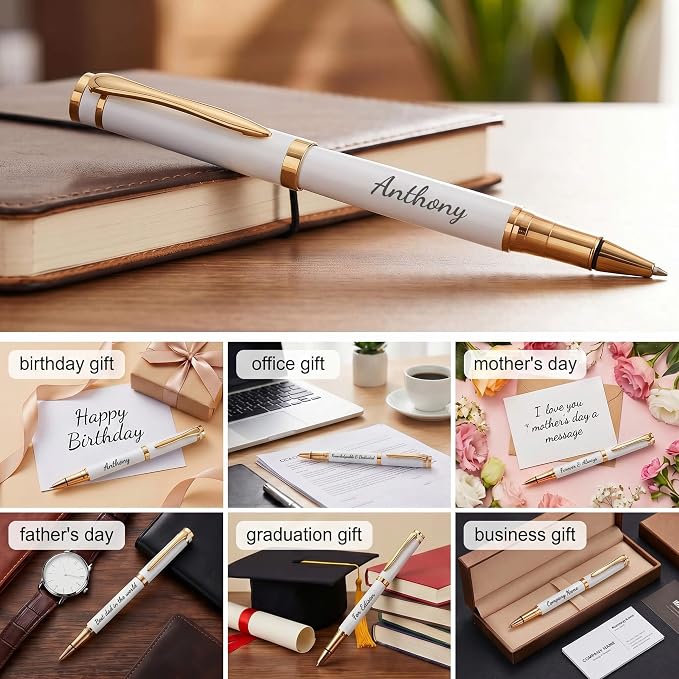 Ancolo Engraved Pens - Modern Roller Pens with 5 Free Personalized Lines, Ultra-Smooth Black Ink, Metal Body, Stylish Gift for Office Colleagues, Friends, Professor, Business
