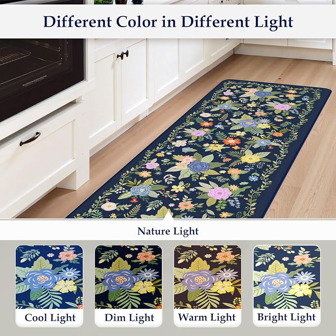 KIMODE Anti Fatigue Kitchen Mats for Floor,Farmhouse Rugs for Kitchen Floor | Cushioned Kitchen Floor Mat Non Slip, Comfort Standing Mat for Laundry Office Bath Sink Desk Dormitory Blue 17"x47"+17"x29"