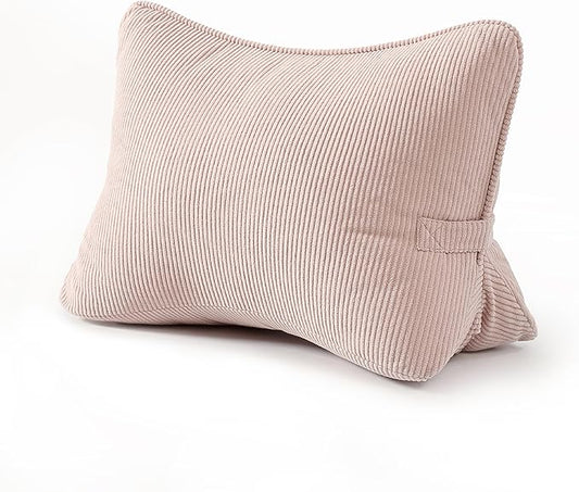 Pat. Pend. Corduroy Back Support Pillow for Sitting, Ideal for Expecting Moms, Low Back Cushion for Bed Sitting, Reading & Relaxing, Ergonomic Triangle Backrest, Washable Cover, Pink