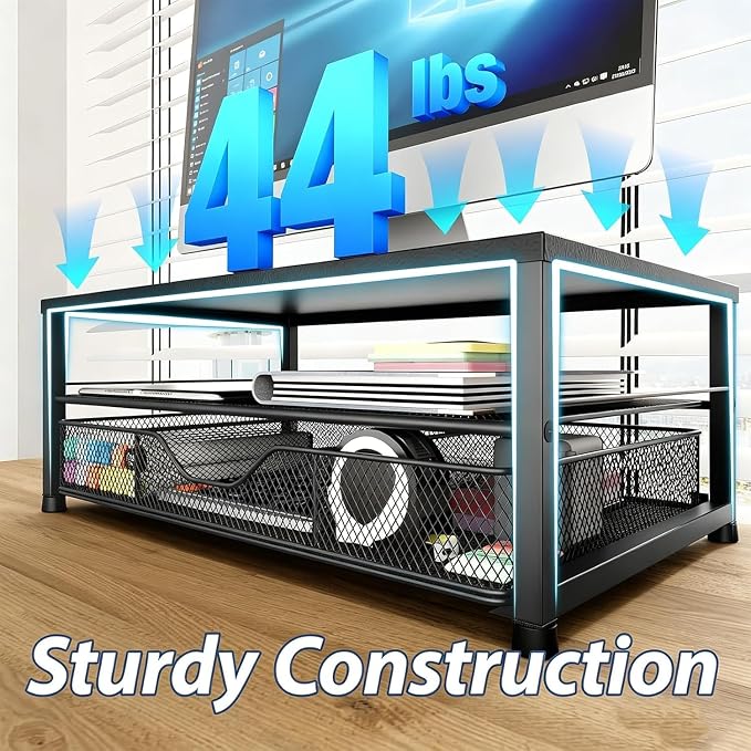 Desk Organizer and Accessories, 2-Tier Computer Monitor Stand Riser with 2 Drawer and 2 Pen Holders, Laptop Stand, Office Desk Accessories for Office Supplies, Black