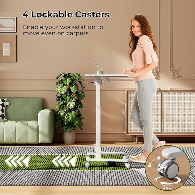 Gibbon Mounts Foldable Standing Desk，Small Mobile Sit-Stand Desk with 90 Tiltable Top，Rolling Rising Laptop Workstation Adjustable Height，Portable Table on Hidden Wheels/4 Lockable Casters，White