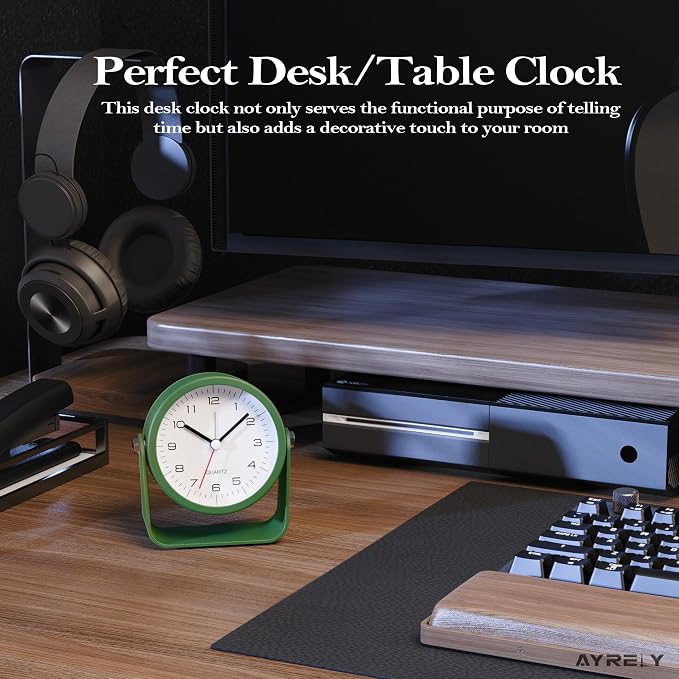 AYRELY® 3.5" Small Analog Travel Alarm Clock, Battery Operated Desk Clock | Cute Table Clock with Light, Adjustable Angle, Bedside, Bedrooms, Kids' Rooms and Living Room Decor (Dark Green)