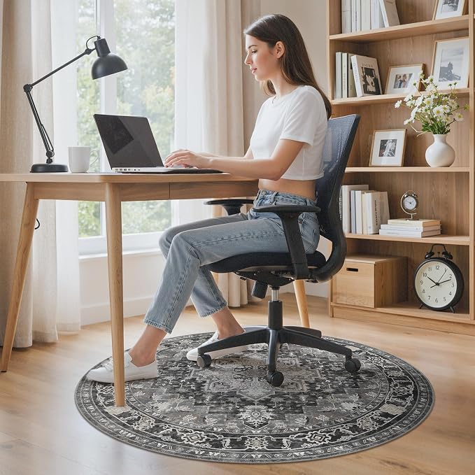 Office Chair Mat for Hardwood Tile Floor, Under Desk Carpet Protector for Rolling Computer Chair Mat, Round Washable Rugs 4ft Circle Area Rug, Anti-Slip 1/5" Thick Low Pile Thin Floor Mat, Black