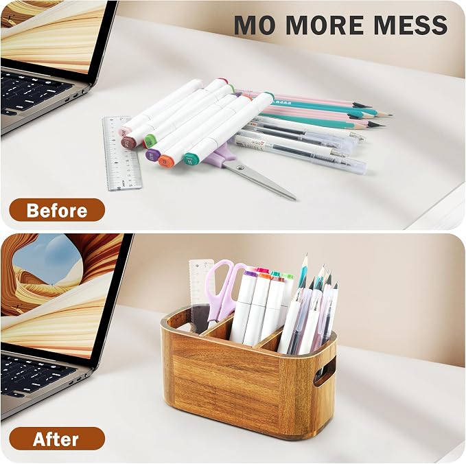Acacia Pencil Pen Holder for Desk, Wooden Office Organizer with 3 Slots for Countertop, Makeup Brush Holder Remote Control Organizer for School Home Supplies