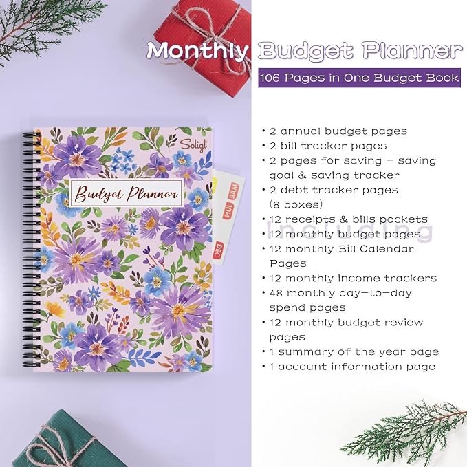 [Undated] Monthly Budget Planner with 12 Bill Pockets for Income, Debt, Saving, Expense and Bill Tracker Organizer, Pink, Floral Design